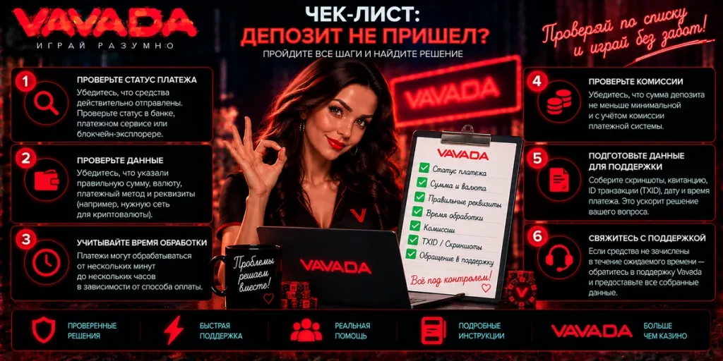 Чек-лист действий, если депозит Vavada не зачислен