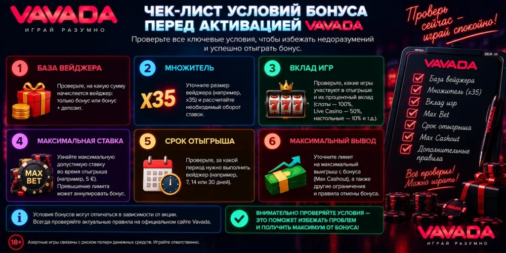 Что проверить перед активацией бонуса Vavada с вейджером