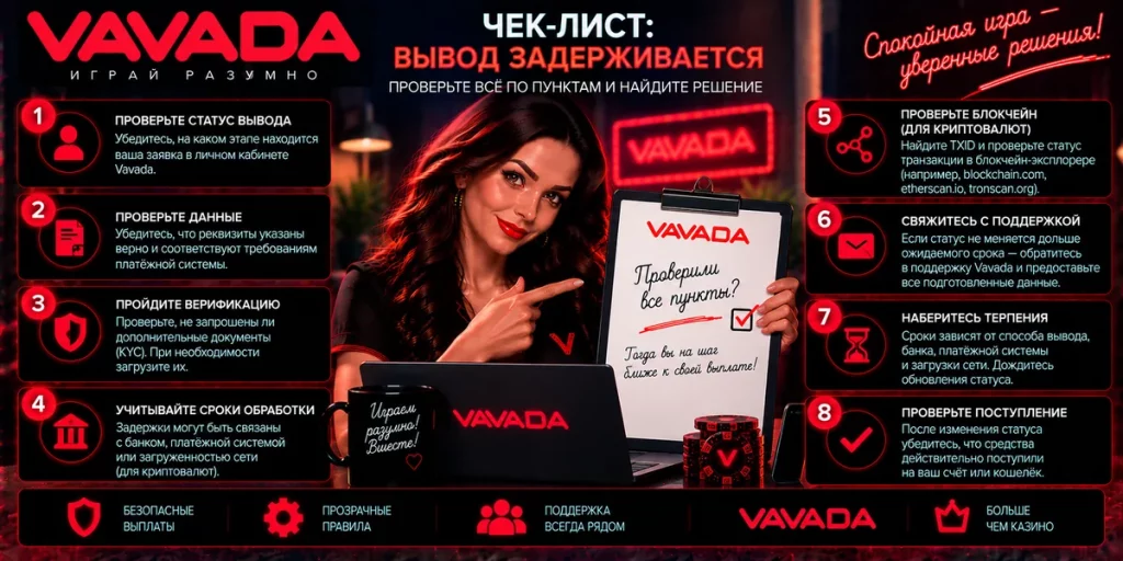 Чек-лист действий при задержке вывода денег Vavada