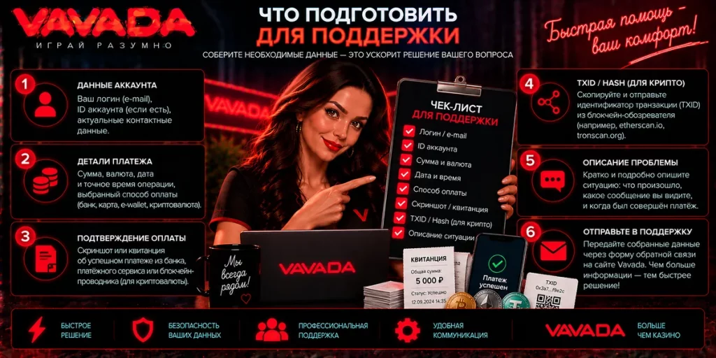 Какие данные подготовить для поддержки при незачисленном депозите Vavada