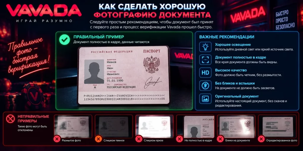 Как правильно сфотографировать документ для верификации Vavada