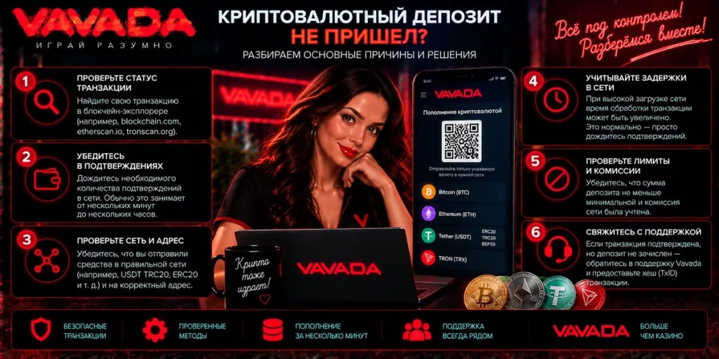 Что проверить, если криптовалютный депозит Vavada не пришел