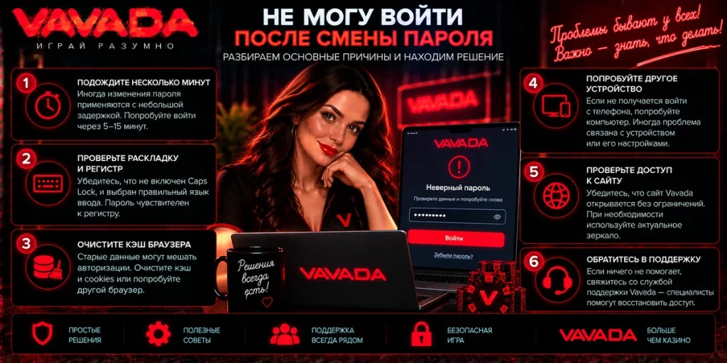 Что делать, если не получается войти в Vavada после смены пароля