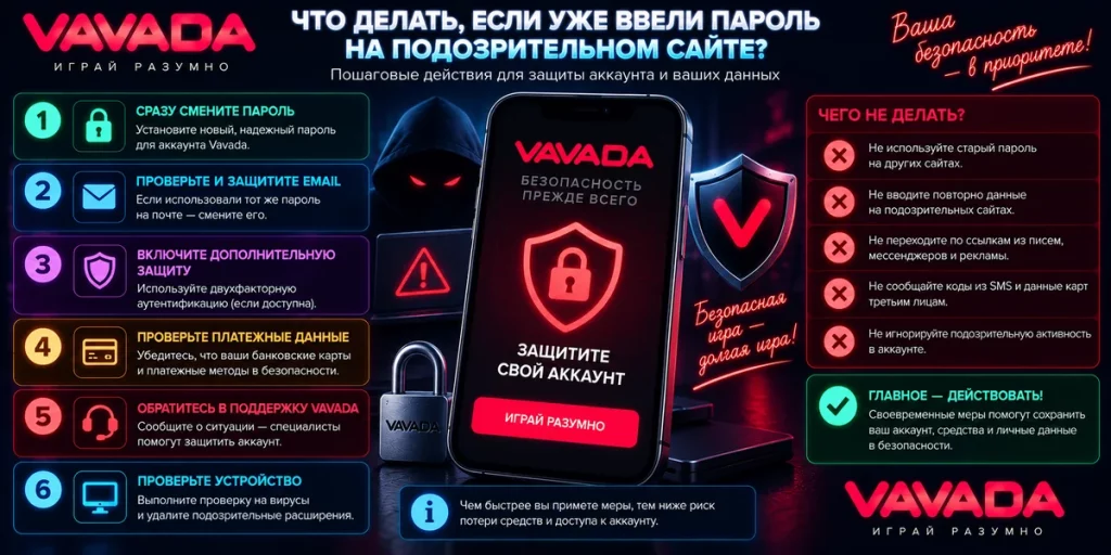 Что делать если пароль Vavada введен на подозрительном сайте