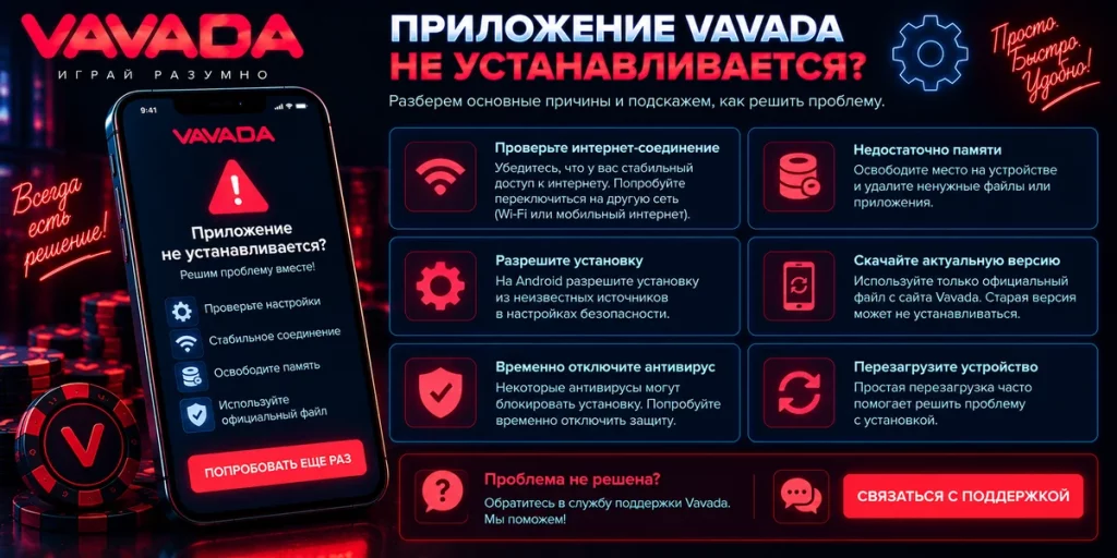 Что делать если приложение Vavada не устанавливается на телефон