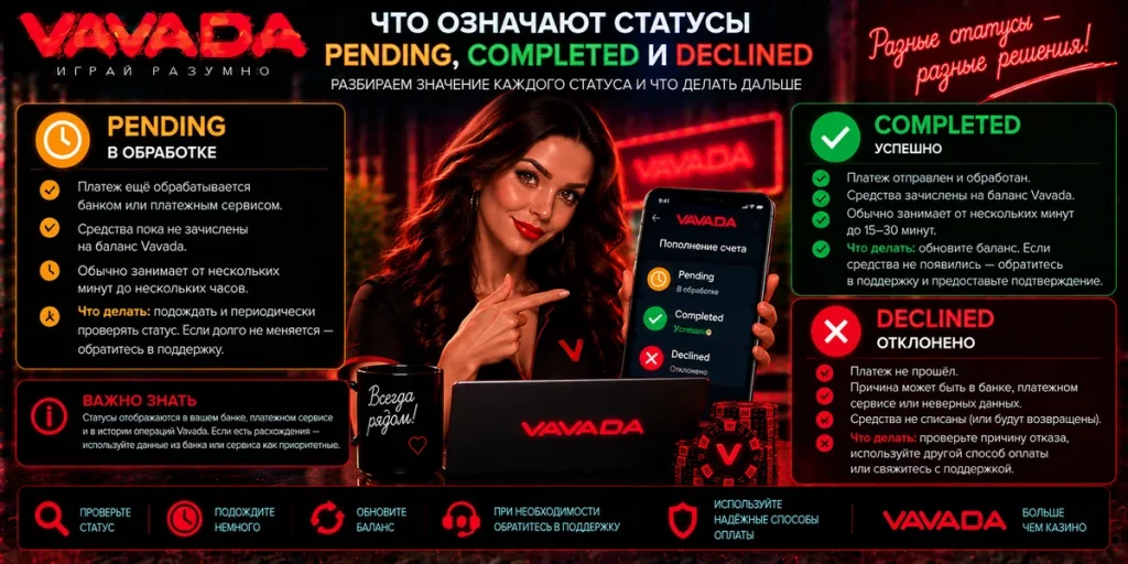 Что означают статусы Pending, Completed и Declined при депозите Vavada