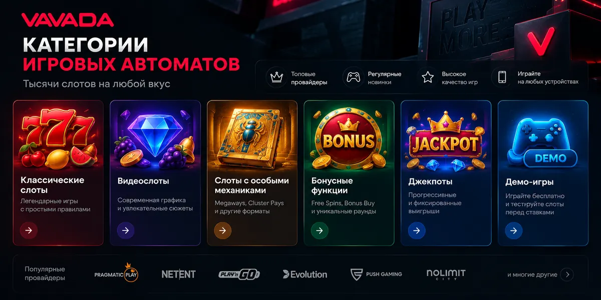 Категории игровых автоматов Vavada — классические слоты, видеослоты, джекпоты и демо