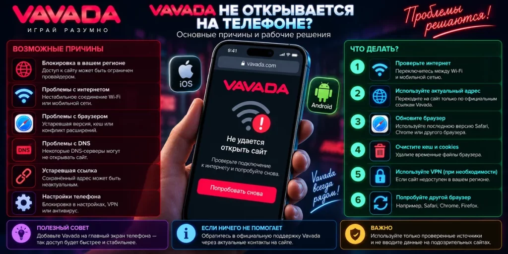 Что делать если Vavada не открывается на телефоне