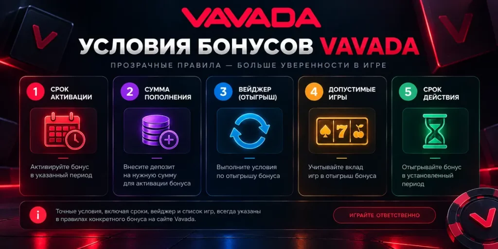 Условия бонусов Vavada — вейджер, срок действия и правила отыгрыша