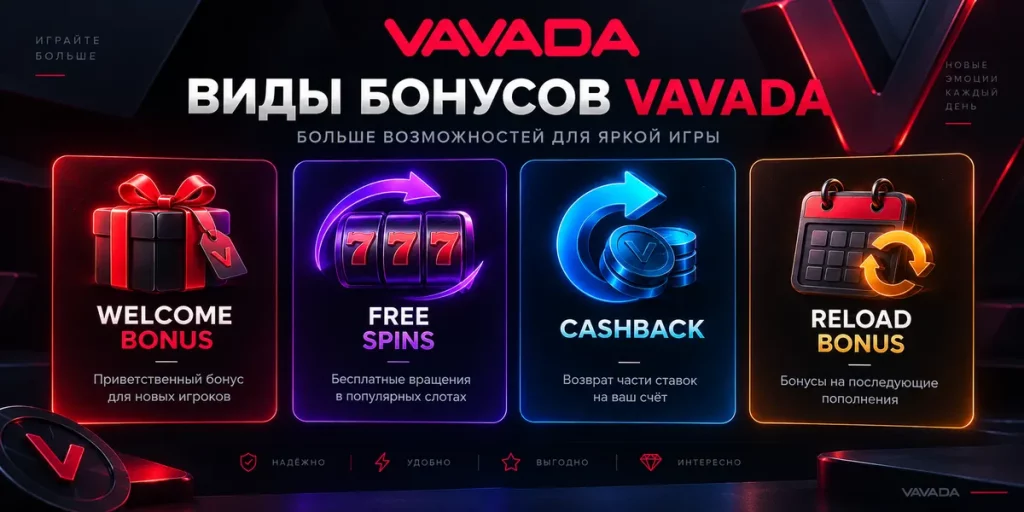 Виды бонусов Vavada — приветственный бонус, фриспины, кешбэк и Reload Bonus